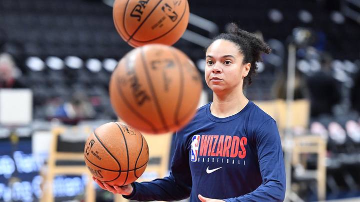 Dec 28, 2019; Washington, District of Columbia, USA; Washington Wizards assistant coach Kristi Toliver on the court before the game between the Washington Wizards and the New York Knicks at Capital One Arena. Mandatory Credit: Brad Mills-Imagn Images