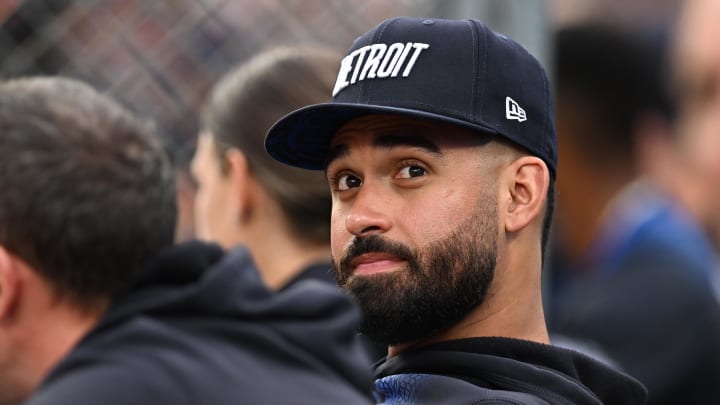 Aug 2, 2024; Detroit, Michigan, USA;  Injured Detroit Tiger, Riley Greene, watches the action from the dugout against the Kansas City Royals in the fifth inning at Comerica Park. 