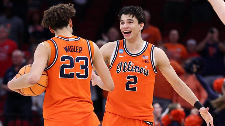 Mar 26, 2026; Houston, TX, USA; Illinois Fighting Illini guard Keaton Wagler (23) and guard Andrej Stojakovic (2) reacts after the game in a Sweet Sixteen game of the South Regional of the men's 2026 NCAA Tournament at Toyota Center. Mandatory Credit: Troy Taormina-Imagn Images Mar 26, 2026; Houston, TX, USA; Illinois Fighting Illini guard Keaton Wagler (23) and guard Andrej Stojakovic (2) reacts after the game in a Sweet Sixteen game of the South Regional of the men's 2026 NCAA Tournament at Toyota Center. Mandatory Credit: Troy Taormina-Imagn Images