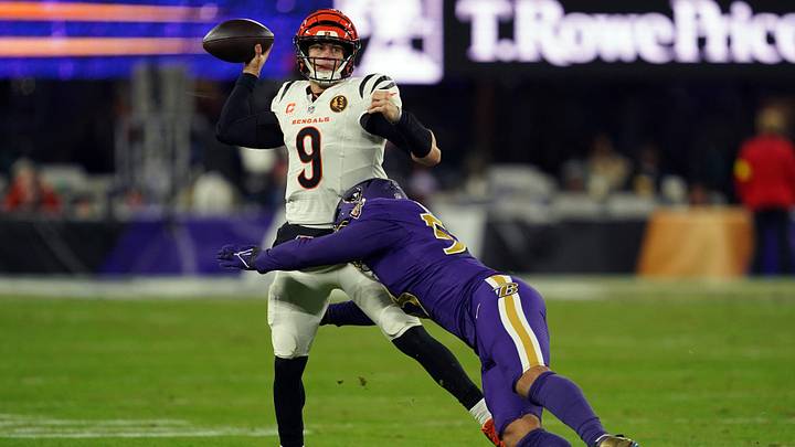 Nov 27, 2025; Baltimore, Maryland, USA; Cincinnati Bengals quarterback Joe Burrow (9) throws pass against Baltimore Ravens linebacker Kyle Van Noy (53) during the second half at M&T Bank Stadium. Mandatory Credit: Mitch Stringer-Imagn Images Nov 27, 2025; Baltimore, Maryland, USA; Cincinnati Bengals quarterback Joe Burrow (9) throws pass against Baltimore Ravens linebacker Kyle Van Noy (53) during the second half at M&T Bank Stadium. Mandatory Credit: Mitch Stringer-Imagn Images