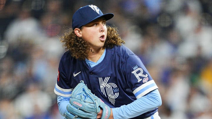 May 30, 2025; Kansas City, Missouri, USA; Kansas City Royals relief pitcher Andrew Hoffmann (54) makes his Major League Baseball debut during the eighth inning against the Detroit Tigers at Kauffman Stadium. Mandatory Credit: Jay Biggerstaff-Imagn Images