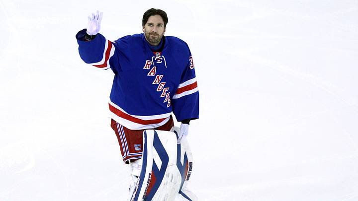 Mar 24, 2014; New York, NY, USA; New York Rangers goalie Henrik Lundqvist (30) waves to the crowd before being honored as the Rangers' all-time leader in wins and shutouts before the start of a game against the Phoenix Coyotes at Madison Square Garden. Mandatory Credit: Brad Penner-Imagn Images