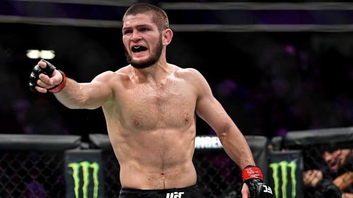 Oct 6, 2018; Las Vegas, NV, USA; Khabib Nurmagomedov (red gloves) reacts after his fight against Conor McGregor (blue gloves) during UFC 229 at T-Mobile Arena. Mandatory Credit: Stephen R. Sylvanie-USA TODAY Sports