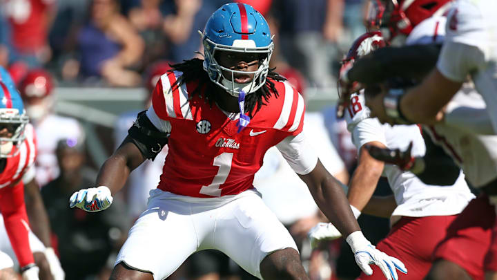 Oct 11, 2025; Oxford, Mississippi, USA; Mississippi Rebels linebacker Princewill Umanmielen (1) defends during the fourth quarter against the Washington State Cougars at Vaught-Hemingway Stadium. Mandatory Credit: Petre Thomas-Imagn Images