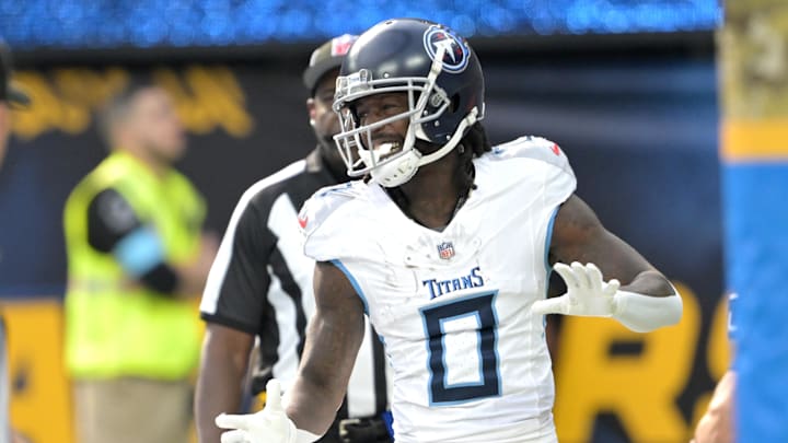 Nov 10, 2024; Inglewood, California, USA;  Tennessee Titans wide receiver Calvin Ridley (0) celebrates after a touchdown in the first half against the Los Angeles Chargers at SoFi Stadium.