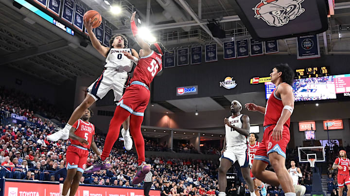 Jan 30, 2024; Spokane, Washington, USA; Gonzaga Bulldogs guard Ryan Nembhard shoots the ball against LMU guard Dominick Harris.