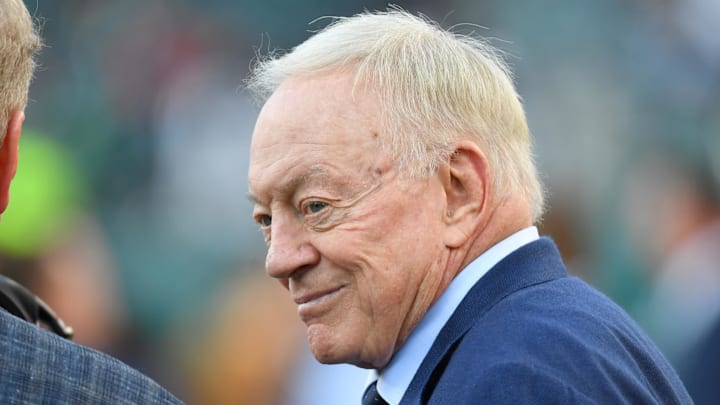 Nov 5, 2023; Philadelphia, Pennsylvania, USA; Dallas Cowboys owner Jerry Jones on the field against the Philadelphia Eagles at Lincoln Financial Field. Mandatory Credit: Eric Hartline-Imagn Images