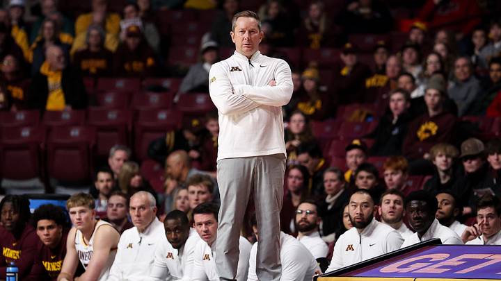 Dec 29, 2025; Minneapolis, Minnesota, USA; Minnesota Golden Gophers head coach Niko Medved looks on during the first half against the Fairleigh Dickinson Knights at Williams Arena. Mandatory Credit: Matt Krohn-Imagn Images