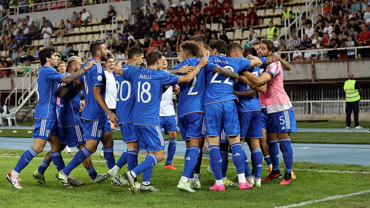 Italy celebrate Ciro Immobile's goal against North Macedonia