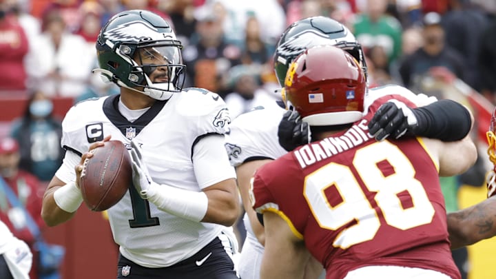 Jan 2, 2022; Landover, Maryland, USA; Philadelphia Eagles quarterback Jalen Hurts (1) prepares to