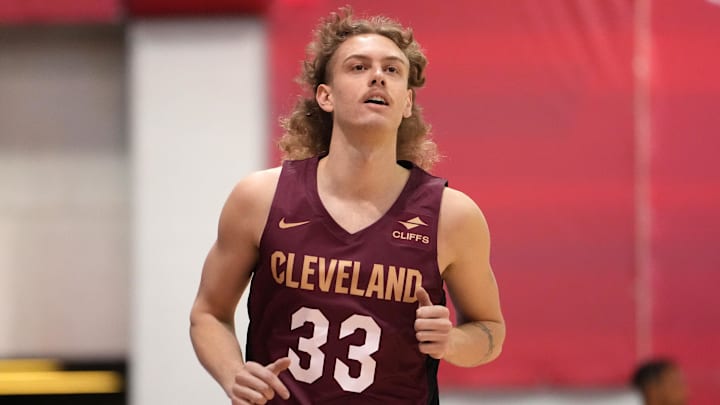 Jul 13, 2022; Las Vegas, NV, USA; Cleveland Cavaliers forward Luke Travers (33) looks on during an NBA Summer League game against the Charlotte Hornets at Cox Pavilion. Mandatory Credit: Stephen R. Sylvanie-Imagn Images