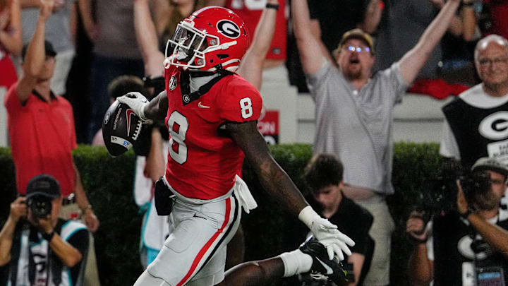 Georgia Bulldogs wide receiver Colbie Young (8) goes in to score a touchdown during the first half of a NCAA college football game against Alabama in Athens, Ga., on Saturday, September 27, 2025. Georgia Bulldogs wide receiver Colbie Young (8) goes in to score a touchdown during the first half of a NCAA college football game against Alabama in Athens, Ga., on Saturday, September 27, 2025.