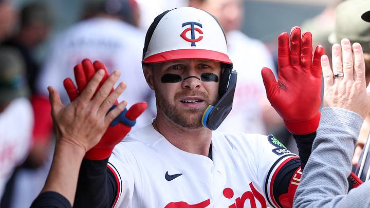 May 17, 2026; Minneapolis, Minnesota, USA; Minnesota Twins designated hitter Ryan Jeffers (27) celebrates his solo home run against the Milwaukee Brewers during the fifth inning at Target Field. May 17, 2026; Minneapolis, Minnesota, USA; Minnesota Twins designated hitter Ryan Jeffers (27) celebrates his solo home run against the Milwaukee Brewers during the fifth inning at Target Field.
