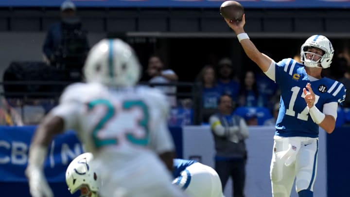 Indianapolis Colts quarterback Daniel Jones (17) passes during the first half of a game against the Miami Dolphins on Sunday, Sept. 7, 2025, at Lucas Oil Stadium in Indianapolis.