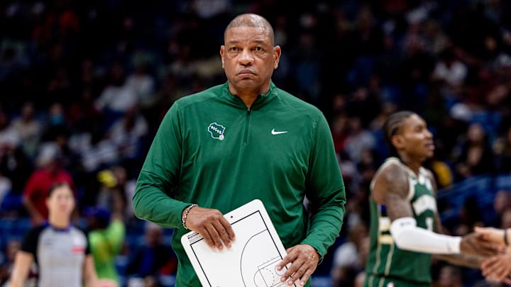 Apr 6, 2025; New Orleans, Louisiana, USA; Milwaukee Bucks head coach Doc Rivers looks on against the New Orleans Pelicans during the second half at Smoothie King Center. Mandatory Credit: Stephen Lew-Imagn Images