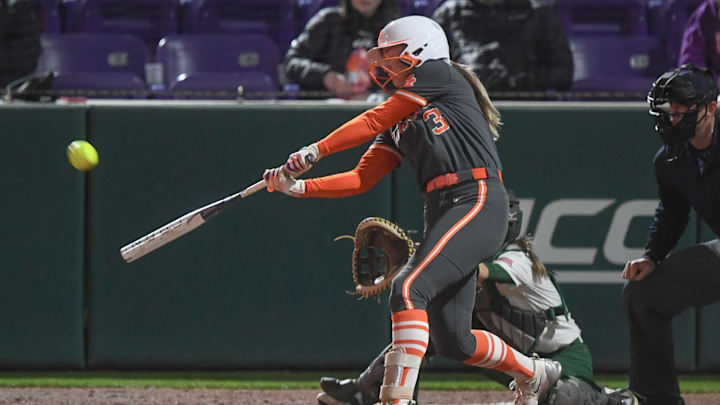 Clemson sophomore Kylee Johnson (3) hits a home run against Charlotte during the bottom of the third inning at McWhorter Stadium in Clemson Tuesday, February 18, 2025. Clemson sophomore Kylee Johnson (3) hits a home run against Charlotte during the bottom of the third inning at McWhorter Stadium in Clemson Tuesday, February 18, 2025.