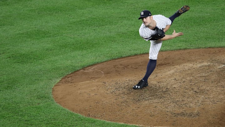 New York Yankees pitcher David Robertson, is shown pitching in relief, Wednesday, October 3, 2018.
A L Wild Card Game New York Yankees pitcher David Robertson, is shown pitching in relief, Wednesday, October 3, 2018.
A L Wild Card Game