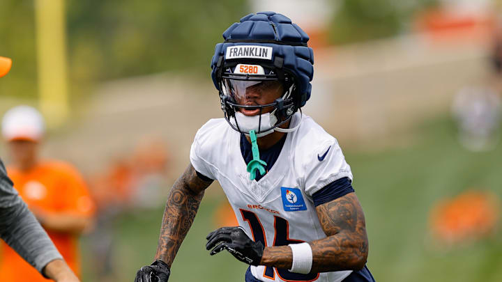 Jul 26, 2024; Englewood, CO, USA; Denver Broncos wide receiver Troy Franklin (16) during training camp at Broncos Park Powered by CommonSpirit.