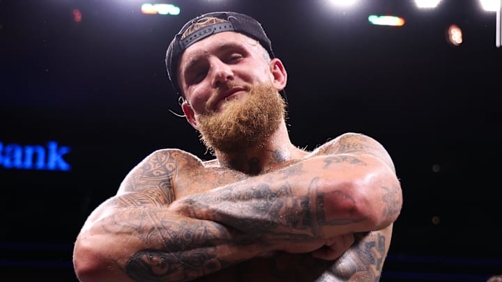 Aug 5, 2023; Dallas, Texas, USA;  Jake Paul reacts after the win against Nate Diaz in a boxing match at American Airlines Center. Mandatory Credit: Kevin Jairaj-USA TODAY Sports