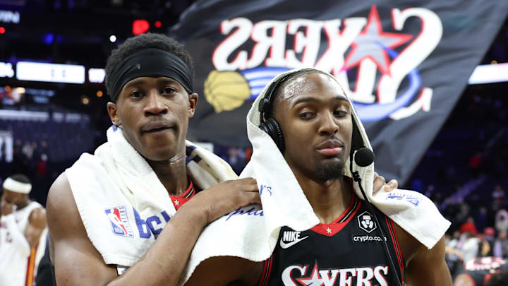 Feb 26, 2026; Philadelphia, Pennsylvania, USA; Philadelphia 76ers guard Tyrese Maxey (R) and guard Vj Edgecombe (L) react after a victory against the Miami Heat at Xfinity Mobile Arena. Mandatory Credit: Bill Streicher-Imagn Images Feb 26, 2026; Philadelphia, Pennsylvania, USA; Philadelphia 76ers guard Tyrese Maxey (R) and guard Vj Edgecombe (L) react after a victory against the Miami Heat at Xfinity Mobile Arena. Mandatory Credit: Bill Streicher-Imagn Images