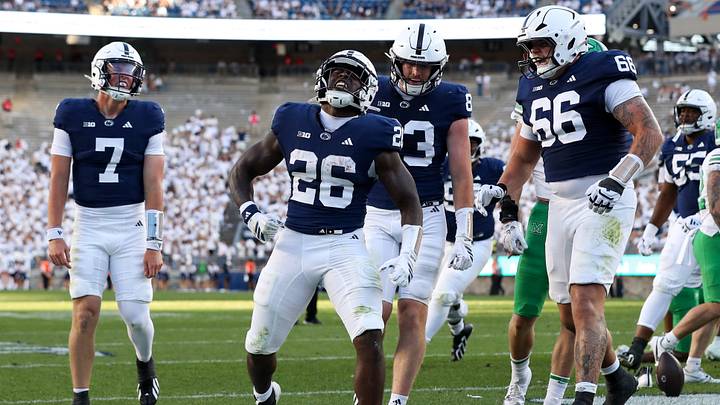 Sep 5, 2026; University Park, Pennsylvania, USA; Penn State Nittany Lions running back Cam Wallace (26) celebrates after scoring a touchdown during the fourth quarter against the Marshall Thundering Herd at West Shore Home Field at Beaver Stadium. Mandatory Credit: Matthew O'Haren-Imagn Images Sep 5, 2026; University Park, Pennsylvania, USA; Penn State Nittany Lions running back Cam Wallace (26) celebrates after scoring a touchdown during the fourth quarter against the Marshall Thundering Herd at West Shore Home Field at Beaver Stadium. Mandatory Credit: Matthew O'Haren-Imagn Images