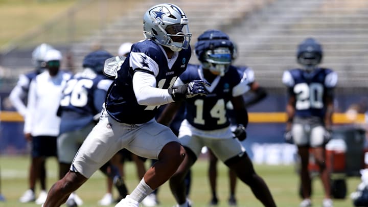 Jul 30, 2024; Oxnard, CA, USA; Dallas Cowboys linebacker Micah Parsons (11) defends during training camp at the River Ridge Playing Fields in Oxnard, California.