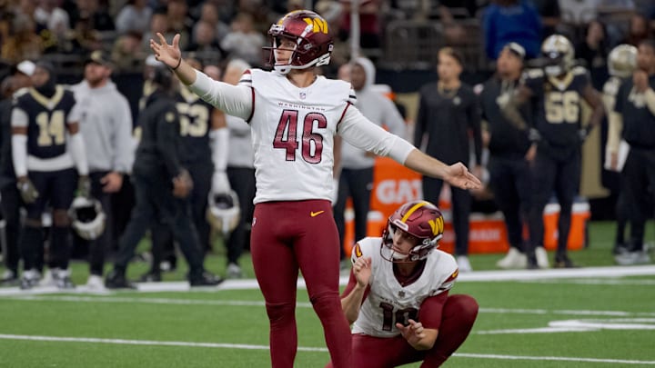 Dec 15, 2024; New Orleans, Louisiana, USA; Washington Commanders place kicker Greg Joseph (46) misses a field goal during the second half at Caesars Superdome.