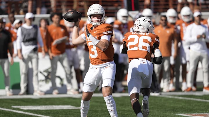 Nov 9, 2024; Austin, Texas, USA; Texas Longhorns quarterback Quinn Ewers (3) looks to throw a pass during the first half against the Florida Gators at Darrell K Royal-Texas Memorial Stadium. 