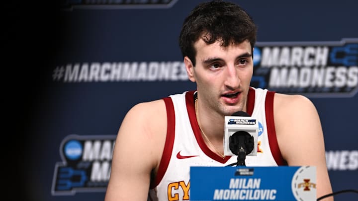 Mar 22, 2026; St. Louis, MO, USA; Iowa State Cyclones forward Milan Momcilovic (22) speaks during the postgame press conference after the game against the Kentucky Wildcats during a second round game of the men's 2026 NCAA Tournament at Enterprise Center. Mandatory Credit: Jeff Le-Imagn Images