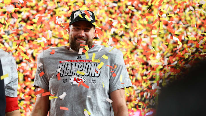 Jan 26, 2025; Kansas City, MO, USA; Kansas City Chiefs tight end Travis Kelce (87) reacts on stage after the AFC Championship game against the Buffalo Bills at GEHA Field at Arrowhead Stadium. Mandatory Credit: Mark J. Rebilas-Imagn Images