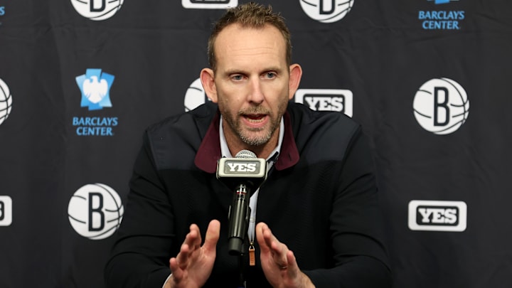 Nov 9, 2022; Brooklyn, New York, USA; Brooklyn Nets general manager Sean Marks speaks during a press conference before a game against the New York Knicks at Barclays Center. Mandatory Credit: Brad Penner-Imagn Images