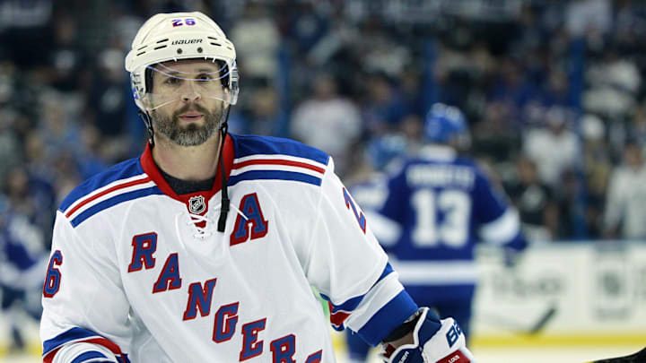 May 22, 2015; Tampa, FL, USA; New York Rangers right wing Martin St. Louis (26) before game four of the Eastern Conference Final of the 2015 Stanley Cup Playoffs against the Tampa Bay Lightning at Amalie Arena. Mandatory Credit: Kim Klement-Imagn Images