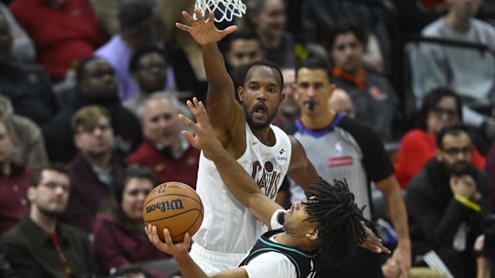 Dec 3, 2025; Cleveland, Ohio, USA; Cleveland Cavaliers center Evan Mobley (4) defends a shot by Portland Trail Blazers guard Shaedon Sharpe (17) in the fourth quarter at Rocket Arena. Mandatory Credit: David Richard-Imagn Images Dec 3, 2025; Cleveland, Ohio, USA; Cleveland Cavaliers center Evan Mobley (4) defends a shot by Portland Trail Blazers guard Shaedon Sharpe (17) in the fourth quarter at Rocket Arena. Mandatory Credit: David Richard-Imagn Images