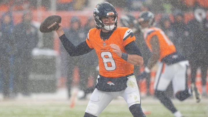 January 25, 2026: Denver Broncos quarterback Jarrett Stidham (8) drops to pass in the AFC Championship football game between the Denver Broncos and New England Patriots. January 25, 2026: Denver Broncos quarterback Jarrett Stidham (8) drops to pass in the AFC Championship football game between the Denver Broncos and New England Patriots.