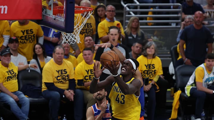 May 27, 2025; Indianapolis, Indiana, USA; Indiana Pacers forward Pascal Siakam (43) shoots a layup during the fourth quarter against the New York Knicks during game four of the eastern conference finals for the 2025 NBA Playoffs at Gainbridge Fieldhouse. Mandatory Credit: Trevor Ruszkowski-Imagn Images May 27, 2025; Indianapolis, Indiana, USA; Indiana Pacers forward Pascal Siakam (43) shoots a layup during the fourth quarter against the New York Knicks during game four of the eastern conference finals for the 2025 NBA Playoffs at Gainbridge Fieldhouse. Mandatory Credit: Trevor Ruszkowski-Imagn Images