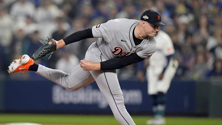 Tigers pitcher Tarik Skubal throws against Mariners during the first inning of ALDS Game 5 at T-Mobile Park in Seattle on Friday, Oct. 10, 2025. Tigers pitcher Tarik Skubal throws against Mariners during the first inning of ALDS Game 5 at T-Mobile Park in Seattle on Friday, Oct. 10, 2025.