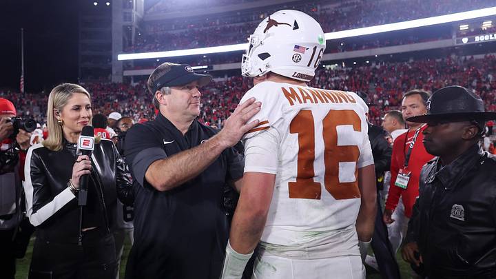 Nov 15, 2025; Athens, Georgia, USA; Georgia Bulldogs head coach Kirby Smart and Texas Longhorns quarterback Arch Manning (16) interact after a game at Sanford Stadium. Mandatory Credit: Brett Davis-Imagn Images Nov 15, 2025; Athens, Georgia, USA; Georgia Bulldogs head coach Kirby Smart and Texas Longhorns quarterback Arch Manning (16) interact after a game at Sanford Stadium. Mandatory Credit: Brett Davis-Imagn Images