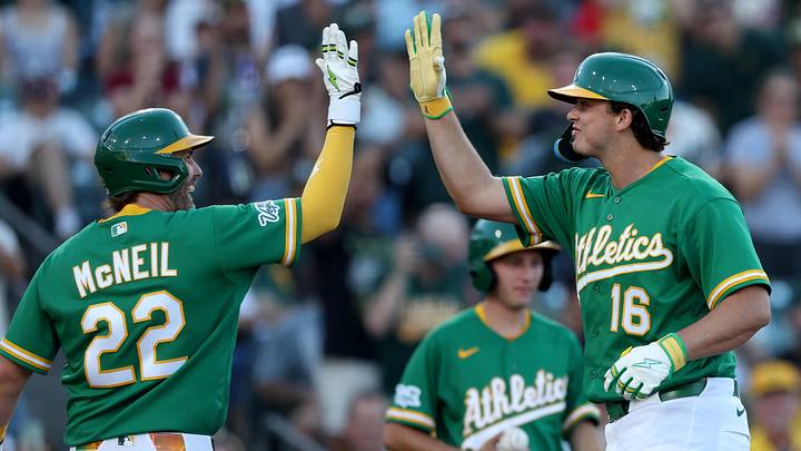 Jun 15, 2026; West Sacramento, California, USA; Athletics first baseman Nick Kurtz (16) and second baseman Jeff McNeil (22) celebrates after hitting a two-run home run against the Pittsburgh Pirates during the second inning at Sutter Health Park. Mandatory Credit: Dennis Lee-Imagn Images Jun 15, 2026; West Sacramento, California, USA; Athletics first baseman Nick Kurtz (16) and second baseman Jeff McNeil (22) celebrates after hitting a two-run home run against the Pittsburgh Pirates during the second inning at Sutter Health Park. Mandatory Credit: Dennis Lee-Imagn Images