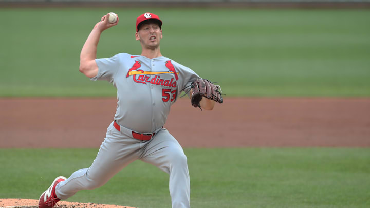 Jul 1, 2025; Pittsburgh, Pennsylvania, USA;  St. Louis Cardinals starting pitcher Andre Pallante (53) delivers a pitch against the Pittsburgh Pirates during the first inning at PNC Park. Mandatory Credit: Charles LeClaire-Imagn Images