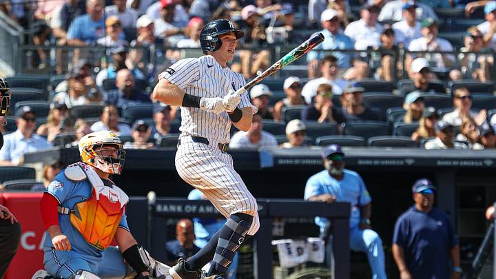 Aug 23, 2026; Bronx, New York, USA; New York Yankees first baseman Ben Rice (22) hits a two-run single during the sixth inning against the Toronto Blue Jays at Yankee Stadium. Mandatory Credit: Vincent Carchietta-Imagn Images Aug 23, 2026; Bronx, New York, USA; New York Yankees first baseman Ben Rice (22) hits a two-run single during the sixth inning against the Toronto Blue Jays at Yankee Stadium. Mandatory Credit: Vincent Carchietta-Imagn Images