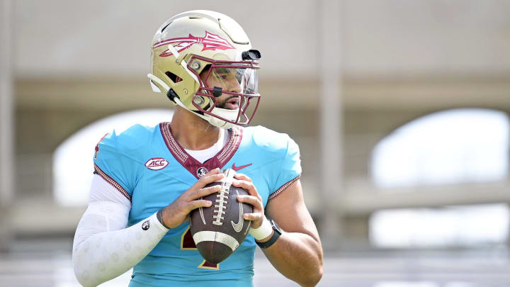 Apr 20, 2024; Tallahassee, Florida, USA; Florida State Seminoles quarterback DJ Uiagalelei (4) during the Spring Showcase at Doak S. Campbell Stadium. Mandatory Credit: Melina Myers-USA TODAY Sports