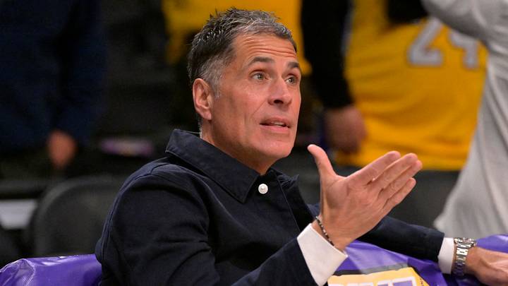 Nov 21, 2024; Los Angeles, California, USA;  Los Angeles Lakers general manager Rob Pelinka looks on as players warm up prior to the game against the Orlando Magic at Crypto.com Arena. Mandatory Credit: Jayne Kamin-Oncea-Imagn Images
