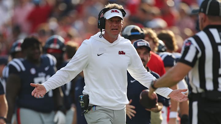 Sep 20, 2025; Oxford, Mississippi, USA; Mississippi Rebels head coach Lane Kiffin reacts toward an official during the third quarter against the Tulane Green Wave at Vaught-Hemingway Stadium. Mandatory Credit: Petre Thomas-Imagn Images