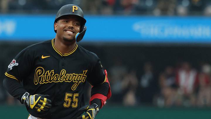 Jun 27, 2026; Pittsburgh, Pennsylvania, USA;  Pittsburgh Pirates pinch Esmerlyn Valdez (55) circles the bases on a solo home run against the Cincinnati Reds during the eighth inning at PNC Park. Mandatory Credit: Charles LeClaire-Imagn Images