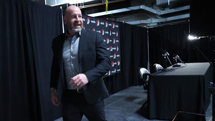 Apr 13, 2025; Portland, Oregon, USA: Portland Trail Blazers general manager Joe Cronin departs the presser before the Trail Blazers play Los Angeles Lakers at Moda Center. Mandatory Credit: Jaime Valdez-Imagn Images