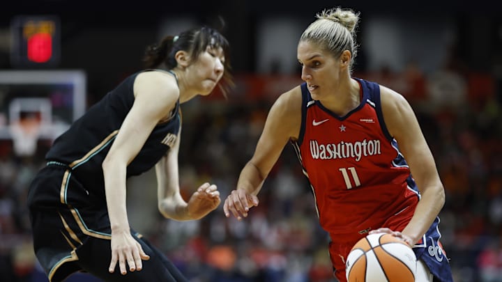 May 19, 2023; Washington, District of Columbia, USA; Washington Mystics forward Elena Delle Donne (11) drives to the basket as New York Liberty center Han Xu (21) defends in the fourth quarter at Entertainment & Sports Arena. Mandatory Credit: Geoff Burke-Imagn Images