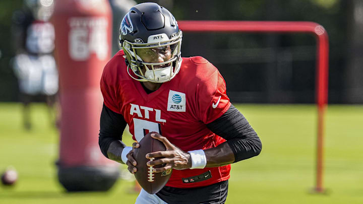 Atlanta Falcons quarterback Michael Penix Jr. (9) is shown during practice at training camp at IBM Performance Field.