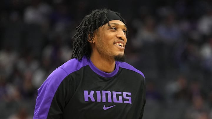 Apr 11, 2025; Sacramento, California, USA; Sacramento Kings center Isaac Jones (3) before the game against the Los Angeles Clippers at Golden 1 Center. Mandatory Credit: Darren Yamashita-Imagn Images