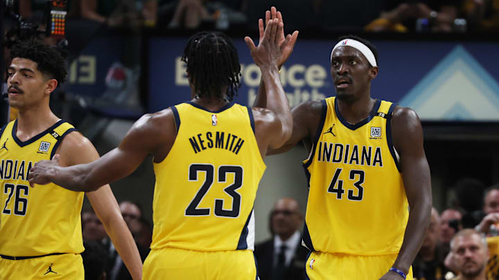 May 25, 2024; Indianapolis, Indiana, USA; Indiana Pacers forward Pascal Siakam (43) celebrates with forward Aaron Nesmith (23) during the third quarter of game three of the eastern conference finals against the Boston Celtics in the 2024 NBA playoffs at Gainbridge Fieldhouse. Mandatory Credit: Trevor Ruszkowski-USA TODAY Sports