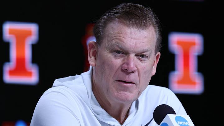 Apr 3, 2026; Indianapolis, IN, USA; Illinois Fighting Illini head coach Brad Underwood speaks during a press conference ahead of the Final Four of the men's 2026 NCAA Tournament at Lucas Oil Stadium. Mandatory Credit: Trevor Ruszkowski-Imagn Images